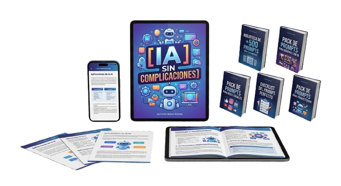 Mockup de la guía IA Sin Complicaciones en tablet y celular